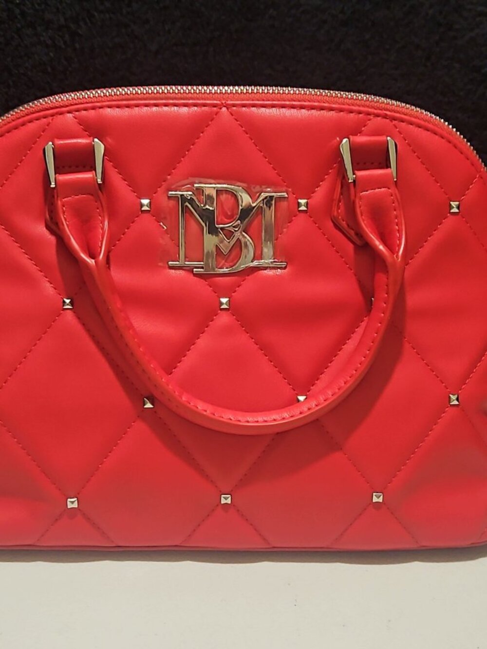 Badgley Mischka Red Quilted Dome Satchel with Pyramid Studs NWT